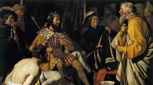 In the painting titled "No Man Happy," a man dressed in a robe stands beside an enticing pot, reflecting on the concept of happiness and contemplating its elusive nature.