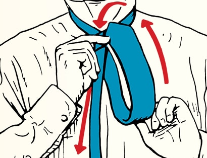Illustration of a person tying a Half-Windsor Necktie Knot with arrows indicating the direction of movement.