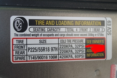 Sticker of Recommended tire pressure for car. 