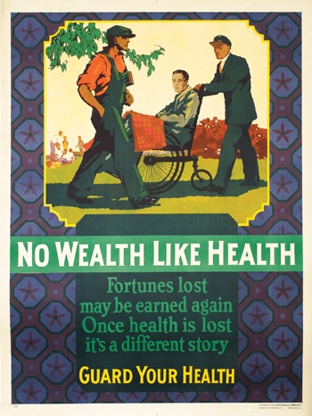 Vintage motivational business poster now wealth like health.