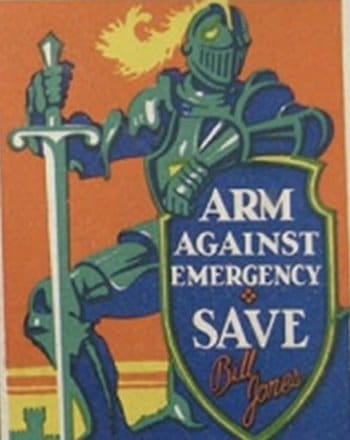 Vintage motivational business poster arm against emergency.