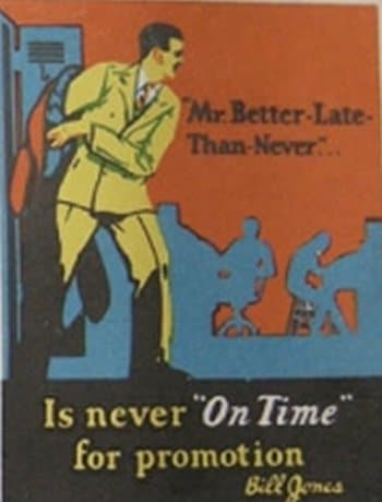 Vintage motivational business poster on time late.