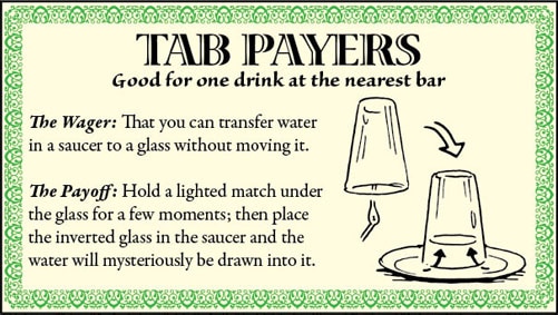 Bar game trick transfer water in saucer to glass illustration.