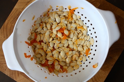 Pumpkin seeds in colander ready for rinsing.