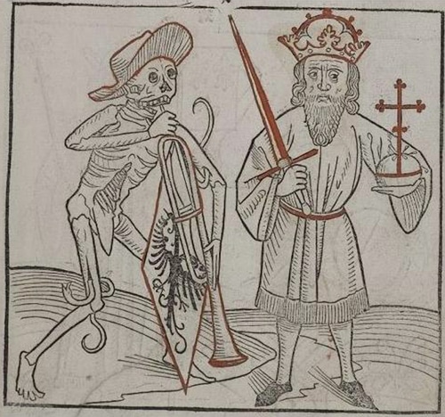 15th century dance of death woodcut art.
