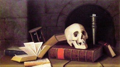 A thought-provoking painting of a skull and books, inviting viewers to meditate on death and reminding them of the Memento Mori concept.