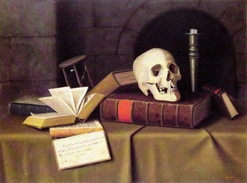 A thought-provoking painting of a skull and books, inviting viewers to meditate on death and reminding them of the Memento Mori concept.