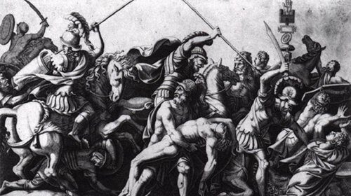 A black and white drawing of a group of men on horses depicting scenes from the Trojan War.