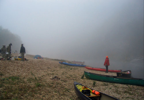Canoe trip Buffalo national river fog on beach.