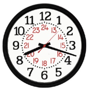 Clock illustration with military time hours displayed.