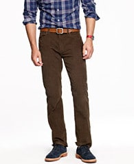 Brown pants with check button up shirt.