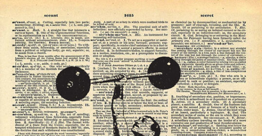 A man lifting a barbell on an old dictionary page, emphasizing the importance of building vocabulary in easy steps.