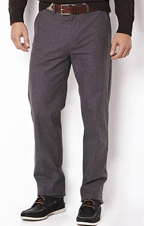 Gray flannel pants with boat shoes.