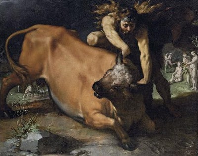 Painting hercules fighting grabbing bull by horns. 