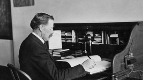 A vintage portrait capturing the life of a CEO deeply engaged in resource allocation at his desk.