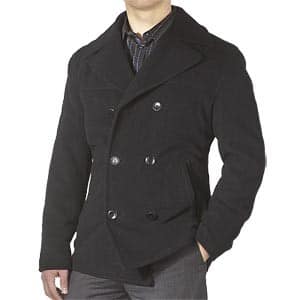 Pea coat double breasted over shirt gray pants. 