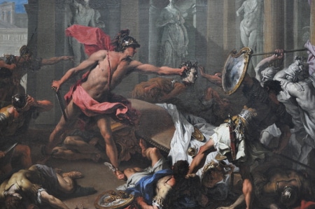 Perseus painting in battle with other men pink skirt. 
