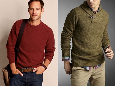 Man models wearing red sweater with jeans and green sweater with khaki pants.
