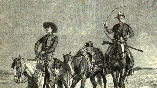 Two cowboys on horses, embodying the manvotional spirit of Theodore Roosevelt with their unwavering integrity.