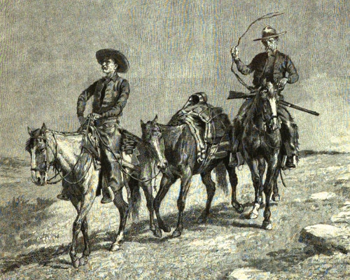 Two cowboys on horses, embodying the manvotional spirit of Theodore Roosevelt with their unwavering integrity.