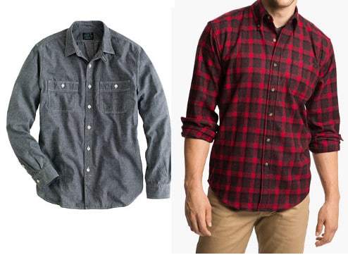 Grey shirt and man wearing red check shirt with khaki pants.