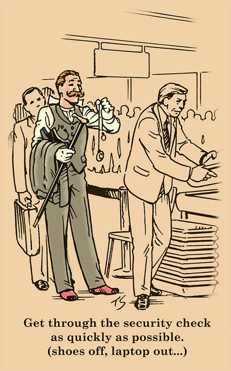 Gentleman in suit getting through the security check line at airport illustration. 