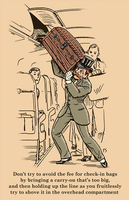 Gentleman carrying-on chest and trying to shove it in the overhead compartment of airplane illustration.