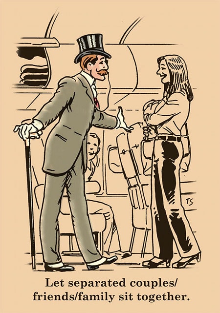 Gentleman requesting woman to have his seat in airplane illustration. 