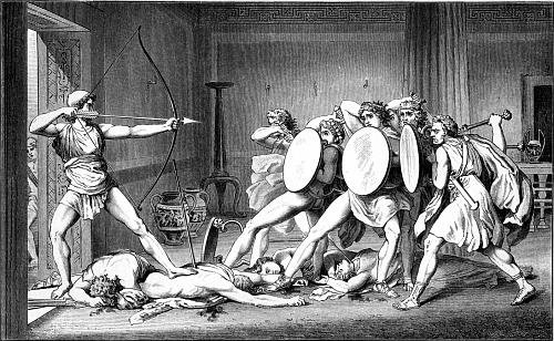 Black & White drawing of Odysseus fighting with group of men. 