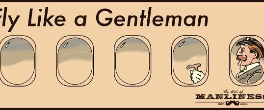 A drawing of a gentleman looking out of a plane window as he flies.