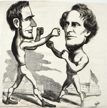 Vintage political cartoon Lincoln and Davis while boxing. 