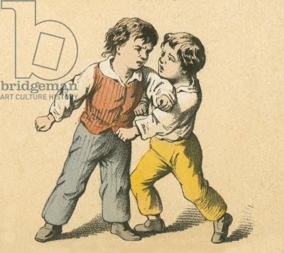 Vintage cartoon little boys fighting and wearing trousers and vests.