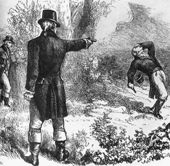 Vintage illustration of 1800's men dueling guns. 