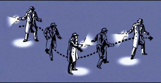 A drawing of a group of people holding flashlights in a tactical situation.