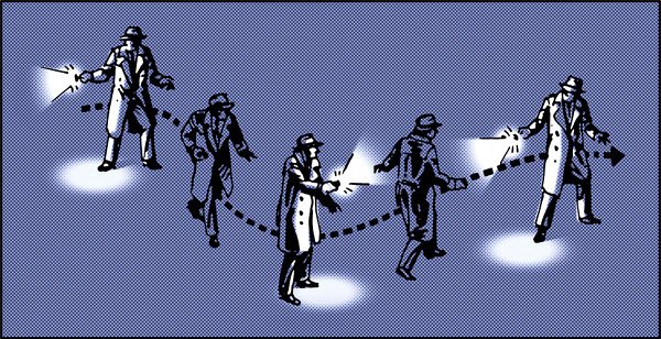 A drawing of a group of people holding flashlights in a tactical situation.