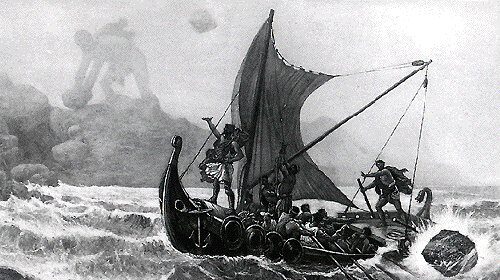 An old black and white drawing of a boat from Greek Mythology.