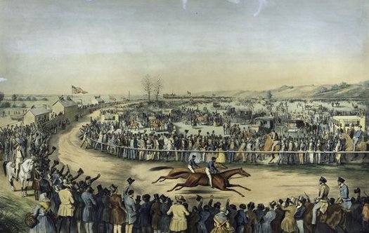 1800s horse race with crowds standing along the track painting. 