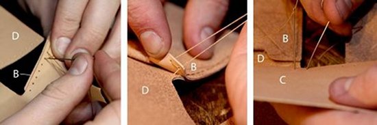 Stitching leather together for homemade leather wallet. 