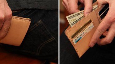 Two pictures of a person holding a wallet with money in it.