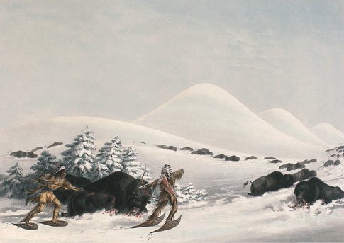 Native Americans Indians hunting buffalo winter snowshoes painting.