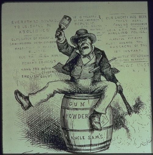 irish 1800s vintage cartoon irish man ape sitting on gun powder barrel