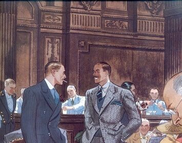 A painting capturing the socialization between two men in a courtroom.