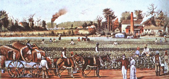 Wealthy plantation horses carriage slaves working field painting.
