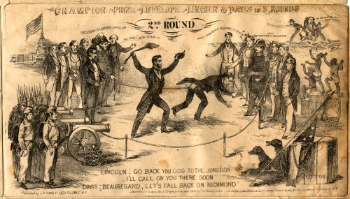 Vintage political cartoon Lincoln fighting with Davis.
