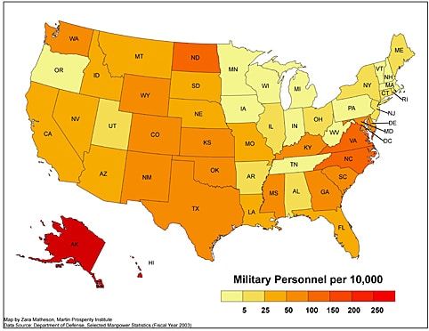 Military personnel per 10,000km map chart. 