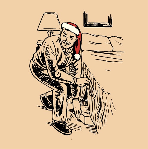 Man in santa hat hiding presents under bed illustration .