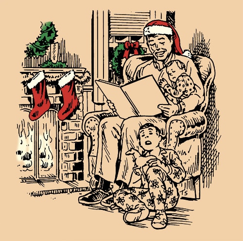 Dad in santa hat reading story to kids in pajamas illustration.