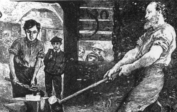 A black and white drawing of a man with a hammer, depicting an apprenticeship phase in gaining mastery.