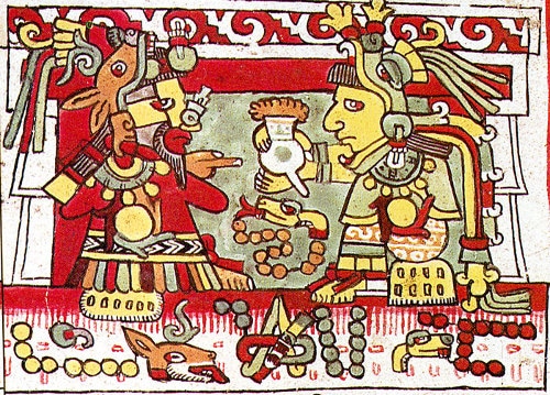 Illustration ancient Indian Mesoamerican codex hot chocolate cocoa.