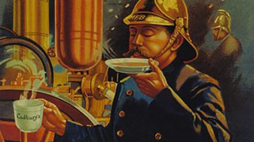 A poster depicting a man enjoying hot cocoa from a steam engine, showcasing history.